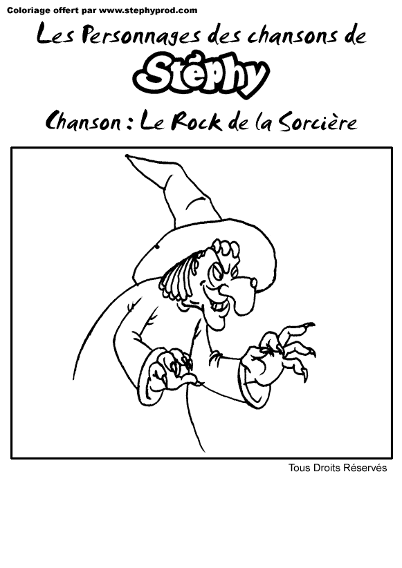 coloriage de sorciere pour enfant, coloriage gratuit offert par stephyprod pour tous les enfants du monde. Chanson gratuite en mp3 pour les enfants. Les Sorcieres