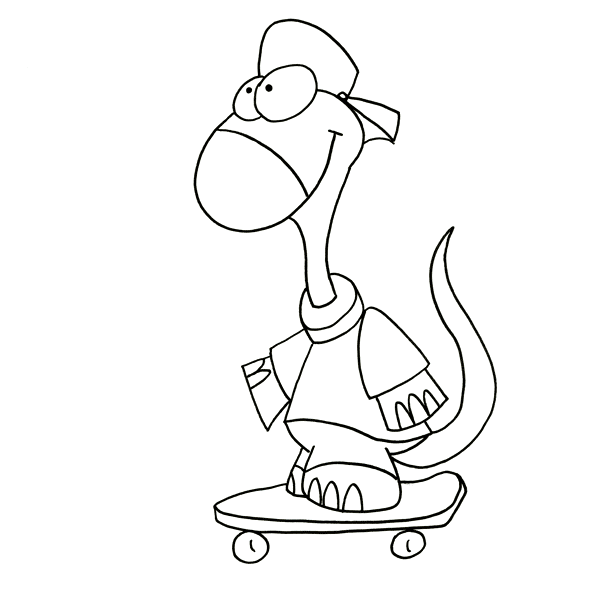 Le museau du dinosaure et les roulettes du skateboard du dinosaure, un cours de dessin par l'illustrateur Dang.
