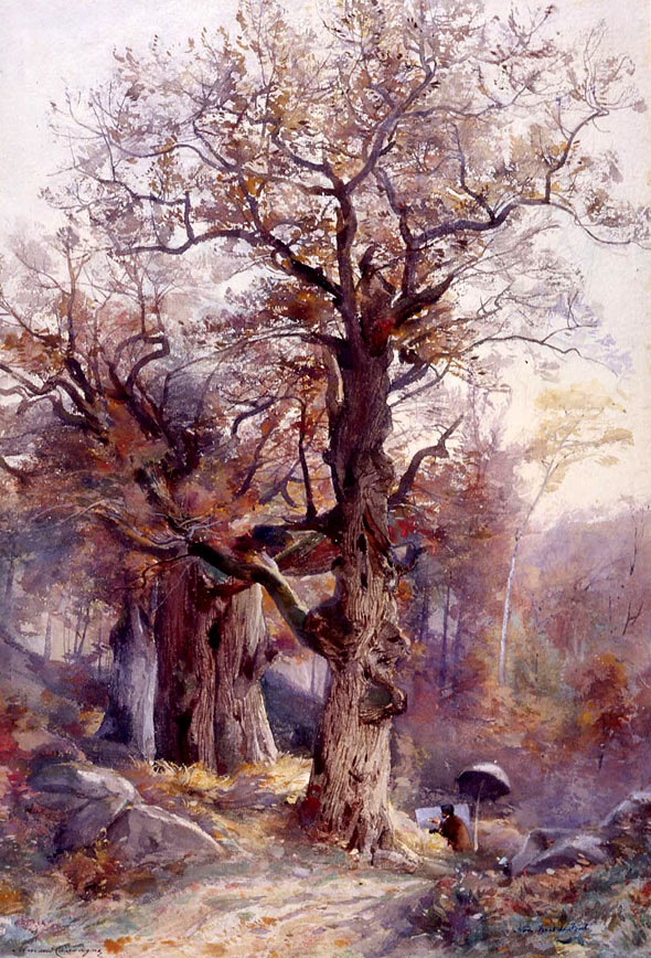 Illustration aquarelle d'Armand Cassagne. L’Atelier en forêt. Novembre. Forêt de Fontainebleau. Aquarelle et rehaut de fusain 77 x 58 cm Musée de Melun Inv. 306 Droits réservés. Des ateliers pour les enfants. Dans le cadre de l'exposition temporaire sur les ouvres d'Armand Cassagne, le muse de Melun propose des ateliers pour enfants.