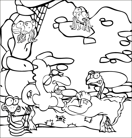 La chanson Le Rock de la Sorcière pour halloween coloriage sorciere caverne allongee
