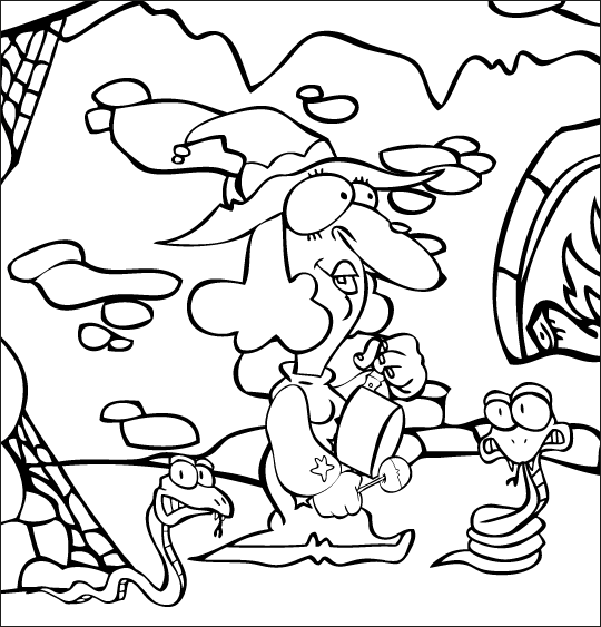 La chanson Le Rock de la Sorcière pour halloween coloriage sorciere caverne tambour