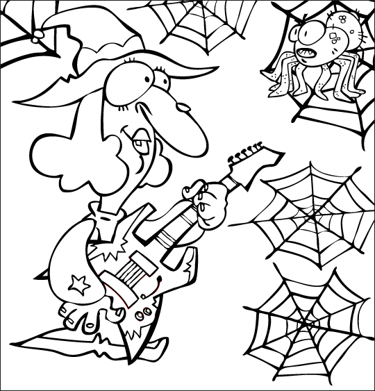 La chanson Le Rock de la Sorcière pour halloween coloriage sorciere guitare araignee