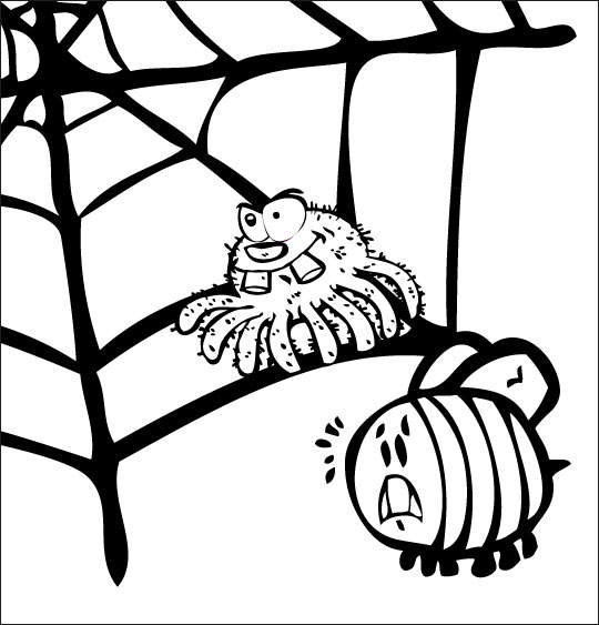 Pour Halloween, le dessin animé l'araignée, coloriage l'araignee observe le frelon.