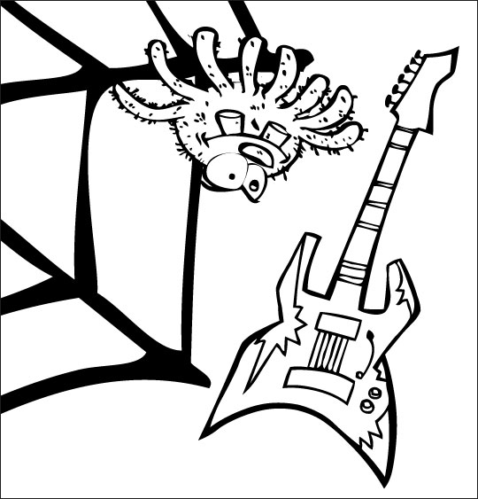 Pour Halloween, le dessin animé l'araignée, coloriage l'araignee et la guitare électrique.