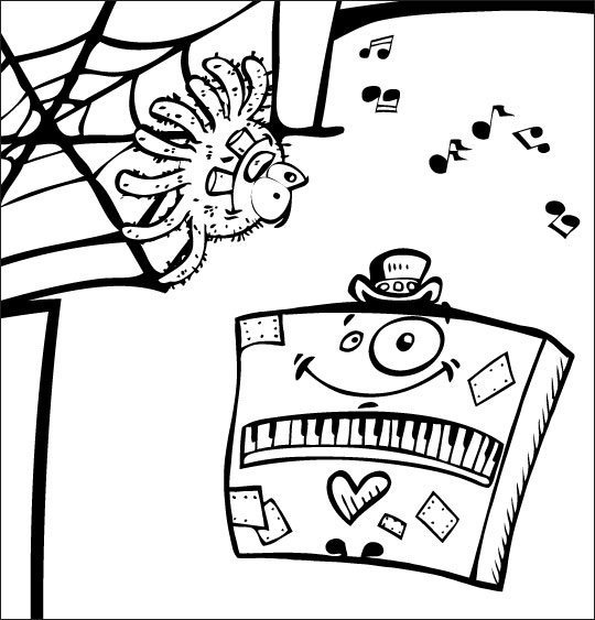 Pour Halloween, le dessin animé l'araignée, coloriage l'araignee et le piano.