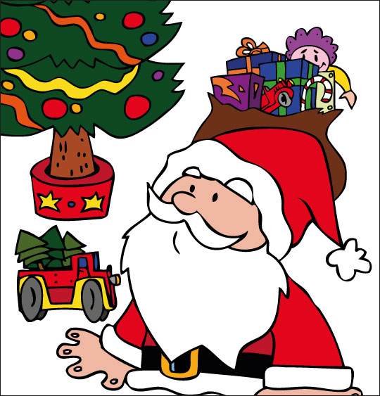 Conte de Noël, dessin animé pour les enfants le pere noel amene les jouets devant le sapin