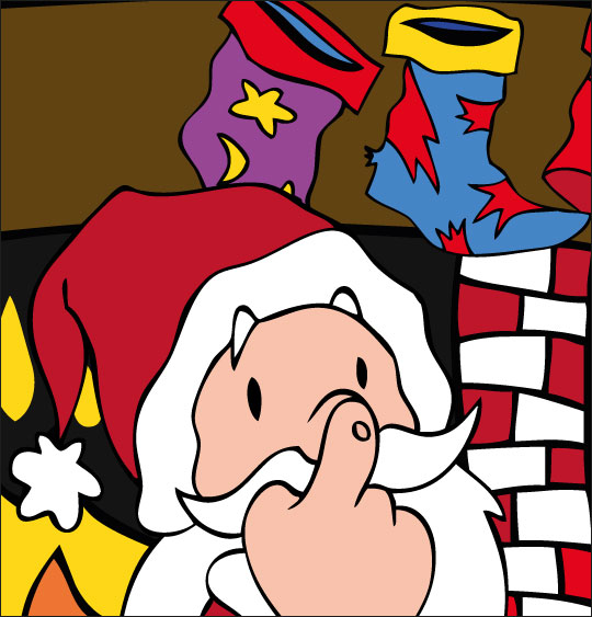 Conte de Noël, dessin animé pour les enfants le pere noel met son doigt sur son nez
