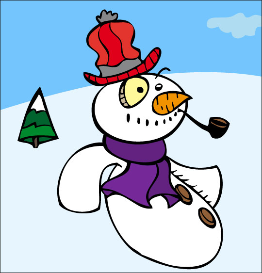 Le bonhomme de neige en dessin animé, le bonhomme de neige sourie et respire dans la montagne.