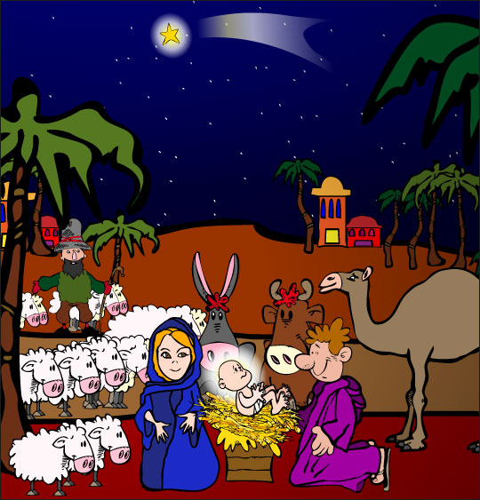Chansons de Noël en dessins animés douce nuit sainte nuit creche paysage animaux