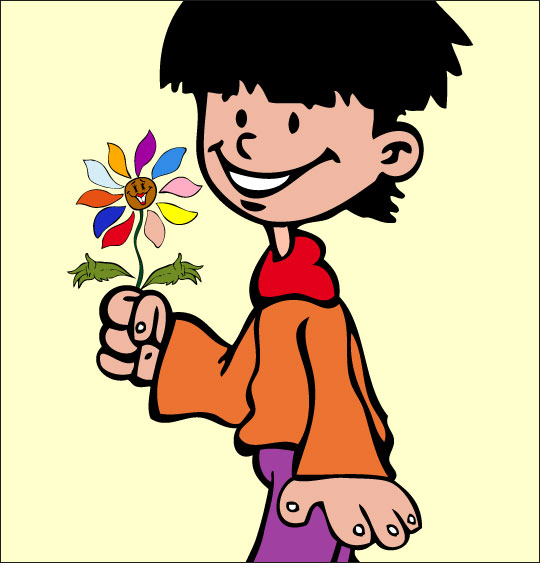 Apprendre une chanson pour la fête des mères aux enfants, la fleur offerte par le garcon.  une image extraite du dessin animé.