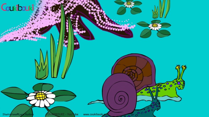 Dessin animé de la comptine Petit Escargot, deux escargots en promenade.