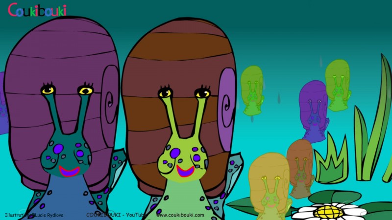 Dessin animé de la comptine Petit Escargot, gros plan sur la famille escargots.