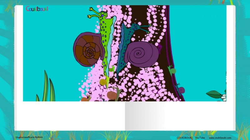 Livre audio de la comptine Petit Escargot, les petits escargots montent sur un arbre.