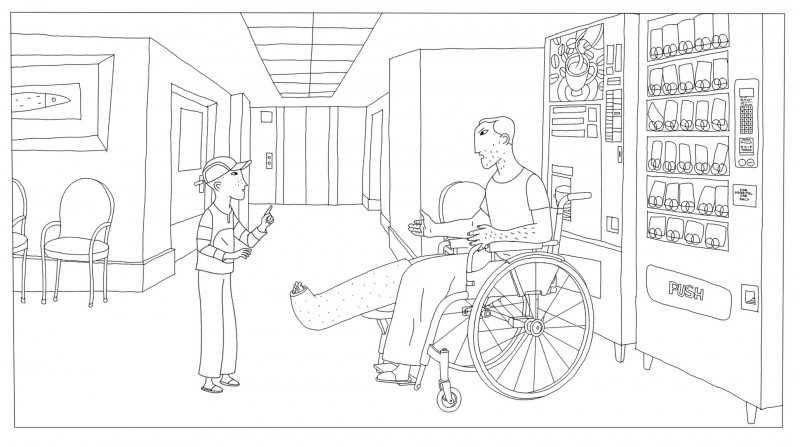 Coloriage Phantom Boy, alex a une jambe dans la platre,  un film d'animation