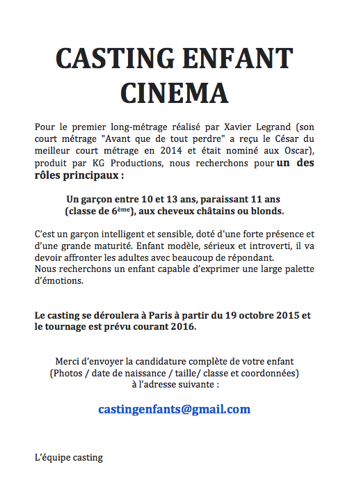 Casting enfant annonce casting Xavier Legrand 