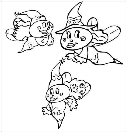 Halloween, le dessin animé du rock de la Sorcière, le  coloriage de trois  fées.