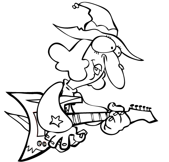 Halloween, le dessin animé du rock de la Sorcière, le coloriage de la sorciere guitariste.