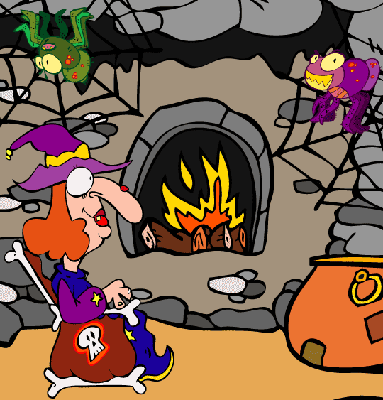 Halloween, le dessin animé du rock de la Sorcière , la sorcière au coin du feu.