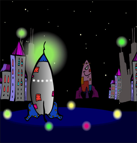 Dessin animé Madame fusée pour les jeunes enfants, la fusee est sur la plateforme, prète au décollage.