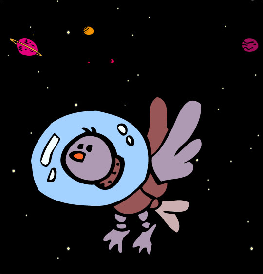 Dessin animé Madame fusée pour les jeunes enfants. Un oiseau dans l'espace.