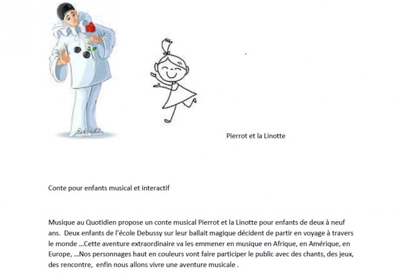 Stages et ateliers pour enfants autour du conte musical Pierrot et la Linotte  image pierrot et linotte