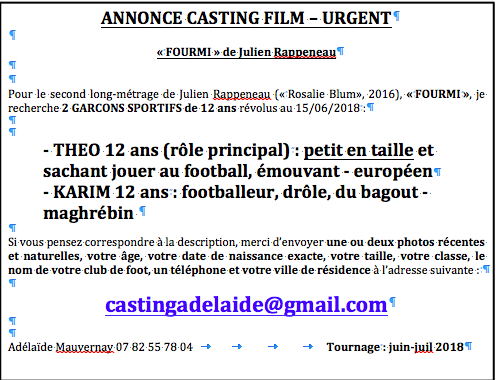 CASTING GARCONS FOOTBALLEURS 12 ANS 