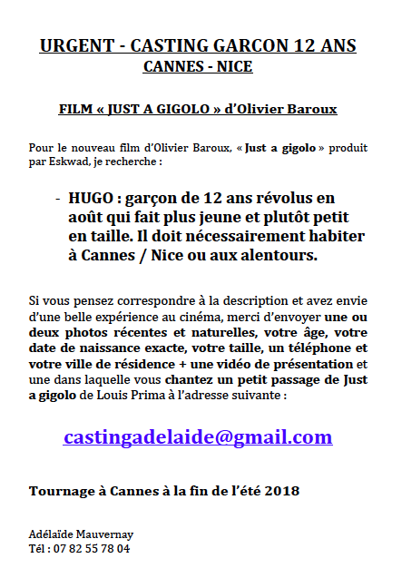 CASTING FILM ENFANTS CANNES/NICE annonce casting hugo