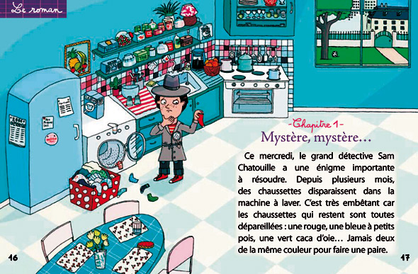 Magazines enfants mes premiers j'aime lire. La première page du premier chapitre du roman Sam Chatouille détective, le roman du magazine mensuel d'octobre 2006.