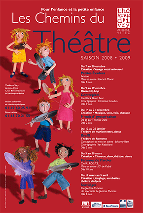 Le théâtre pour enfants. l'affiche et la programmation des Spectacles jeune public de la salle de spectacle.