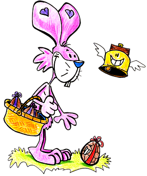 Des oeufs de Pâques distribués par un lapin de Pâques, un dessin de l'illustrateur jeunesse Dang.