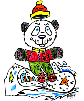 Petit panda surf pendant les vacances de février sur la neige mais aussi sur le net pour trouver les meilleurs activités enfants, un dessin de l'illustrateur jeunesse Dang.