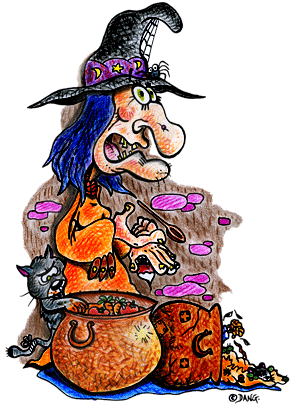 Une sorcière d'halloween, chapeau noir et robe orange, pour les vacances de la Toussaint.