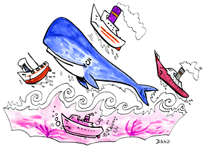 Une illustration pour les enfants de Dang, un coloriage gratuit pour enfants Jo le cachalot fait la Java, les bateaux, les cargos dansent, La mer est démontée, il y a même un bateau sous l'eau. Accrochez vous pour la java du cachalot. Cette  illustration fantastique à la peinture gouache inspirée de la chanson pour enfants jo le cachalot est dessinée et peinte par l'illustrateur de presse Dang, elle est offerte gratuitement sur coloriages pour enfants.com.