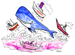 Une illustration pour les enfants de Dang, un coloriage gratuit pour enfants Jo le cachalot fait la Java, les bateaux, les cargos dansent, La mer est dmonte, il y a mme un bateau sous l'eau. Accrochez vous pour la java du cachalot. Cette  illustration fantastique  la peinture gouache inspirée de la chanson pour enfants jo le cachalot est dessine et peinte par l'illustrateur de presse Dang, elle est offerte gratuitement sur coloriages pour enfants.com.