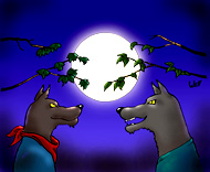 Si vous cliquez, vous avez le dessin de Well en grande taille sur coloriages pour enfants.com. Blanche la lune et les loups face  face. Une illustration de la chanson pour enfants La valse des loups.