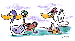 Une illustration pour enfant de Dang, un coloriage gratuit pour les enfants, Berlingot le crapaud au milieu des canards