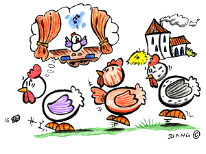 Une illustration pour les enfants de Dang, un coloriage gratuit pour enfants, une poule qui dsire chanter se demande si l'opra c'est pour elle?