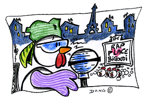 Une illustration pour enfant de Dang, un coloriage gratuit pour les enfants, une poule qui chante sur la place bigoudi  paris