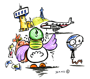 illustration enfant de Dang, coloriage gratuit pour lae enfants, une poule sur un aèroport rentre à la maison