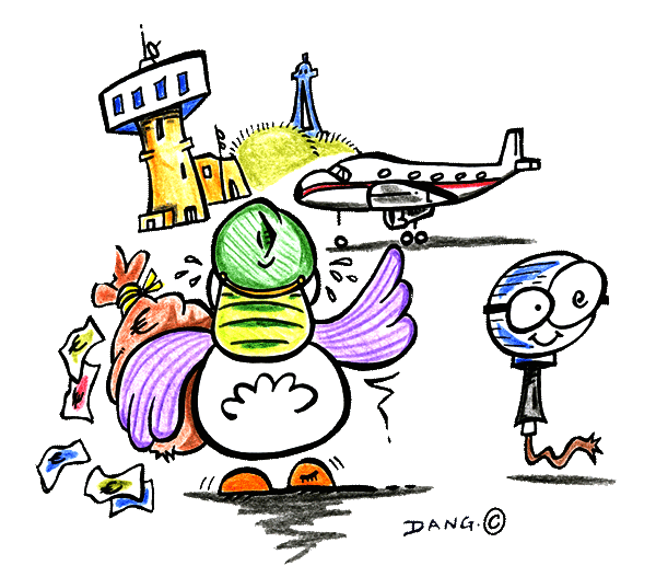 Une illustration de dang pour les livres et coloriages enfants de st&eacute;phy. Coloriage gratuit pour les enfants. Une poule � Paris sur l'a�roport de Roissy ou d'orly prend l'avion pour rentrer chez elle. On aper�oit la tour eiffel. Dang dessine et propose des illustrations pour les enfants, ces illustrations d�clin�es en coloriages sont offertes gratuitement.